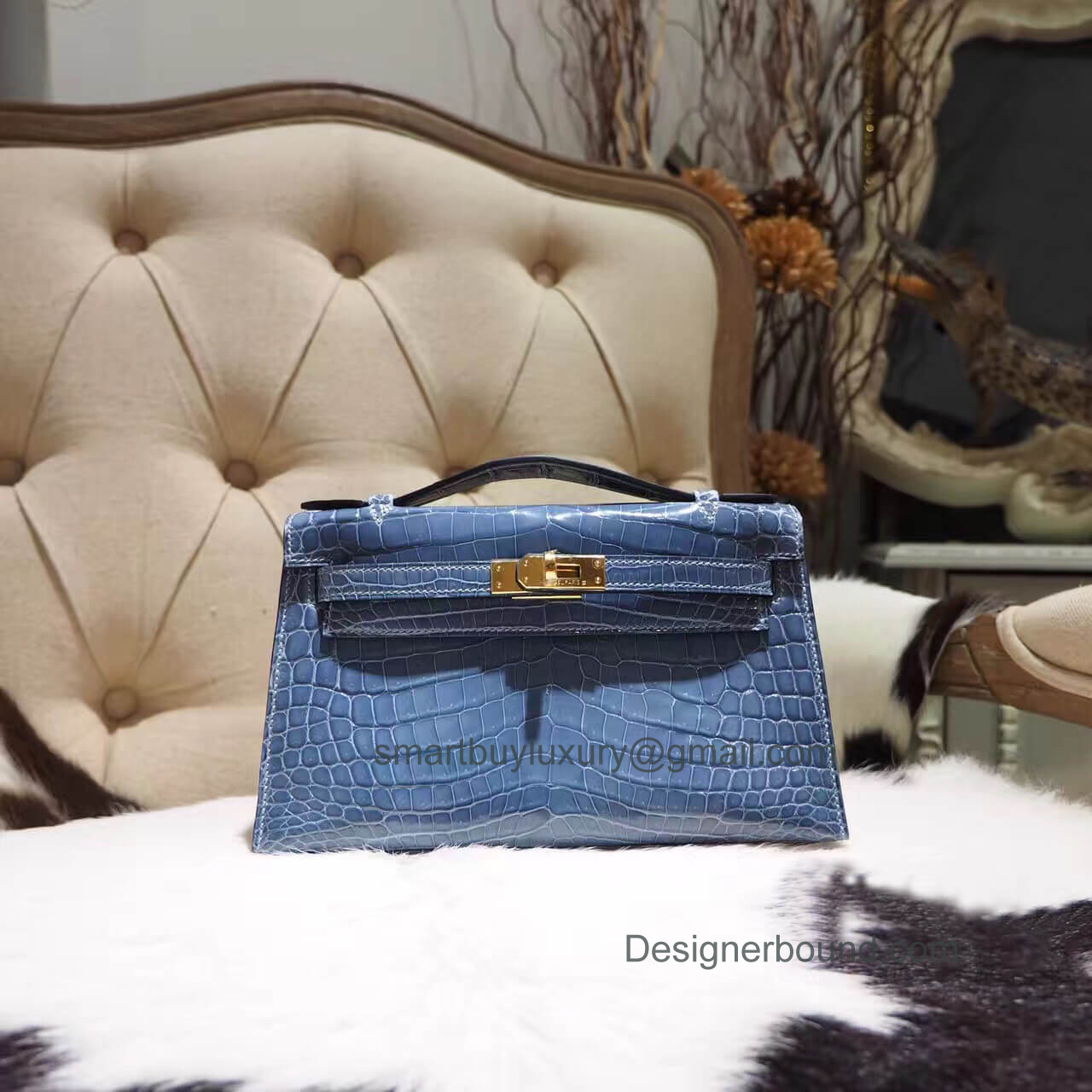 Hermes Mini Kelly 22 Pochette Bag in n7 Blue Tempete Shiny Nile Croc GHW